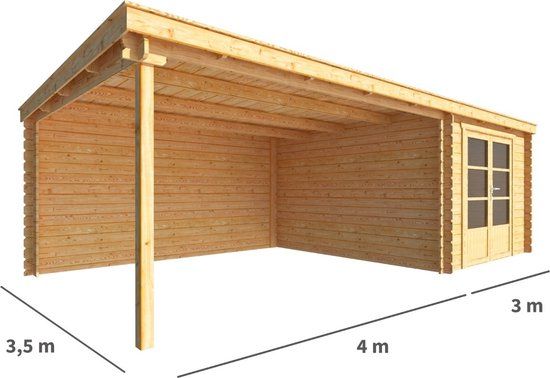 Merkloos Blokhut met overkapping Els 700 cm bij 350 cm diep Lessenaarsdak bruin