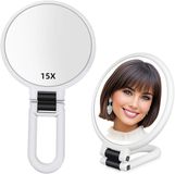 Merkloos / Sans marque 1X 15X Handspiegel met Handvat voor op reis, Vergrotende Spiegel, Rotatie Verstelbare Handgreep, Dubbelzijdig Opvouwbaar, Spiegel voor Vrouwen voor Ogen Make-up Reistafel Bureau Scheren