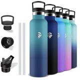 Grsta Thermosfles, 1 liter, BPA-vrij, sportfles met rietje, lekvrij, roestvrijstalen waterfles, houdt 12 uur warm / 24 uur koud, voor camping, yoga