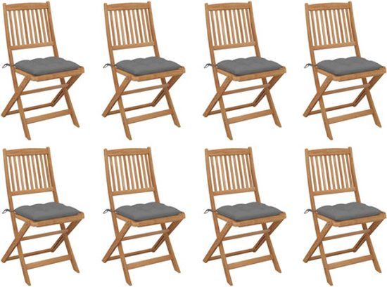 vidaXL Opklapbare stoelen met kussens, 8 stuks, massief acaciahout, grijs