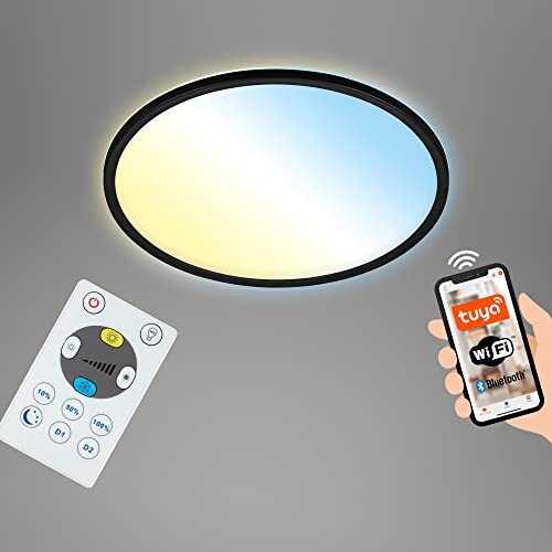 Briloner - Smart LED plafondlamp, ronde WiFi woonkamerlamp, kleurtemperatuurregeling, dimbare plafondlamp met afstandsbediening, spraakbesturing, wit-zwart, Ø42 cm.