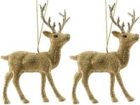 Bellatio Decorations Decoris Kersthanger hertje - 2x - rendier - goud - glitters - 12,5 cm - kunststof