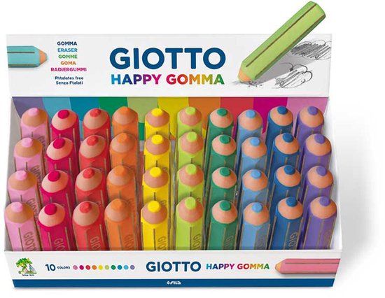 Giotto Happy Gomma vlakgum Rubber Blauw, Koraal, Fuchsia, Groen, Lila, Limoen, Oranje, Roze, Turkoois, Geel 40 stuk(s)