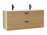 Vente-unique Geribbelde zwevend badkamermeubel met inbouwwastafel en kraan - 2 lades - Licht naturel - 120 cm - SARONE