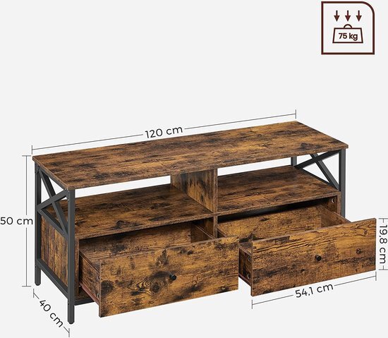 Vasagle TV-meubel, TV-tafel, lowboard voor TV's tot 55 inch, met 2 laden, 2 open vakken, 120 x 40 x 50 cm, voor in de woonkamer, stalen frame, vintage bruin-zwart LTV300B01