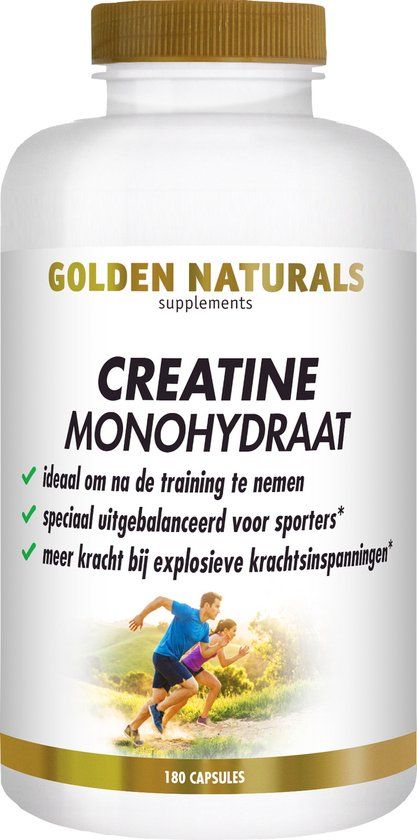 Golden Naturals Creatine Monohydraat Capsules – 3000 mg creatine per dagdosering – Voor kracht & prestaties – Makkelijk in te nemen – 180 capsules