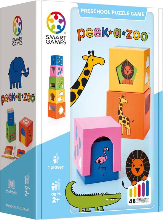 SmartGames Peek-A-Zoo - Educatief Stapelspel - 48 Ruimtelijke Puzzelopdrachten - Solospel voor Peuters & Kleuters - Vanaf 2 Jaar