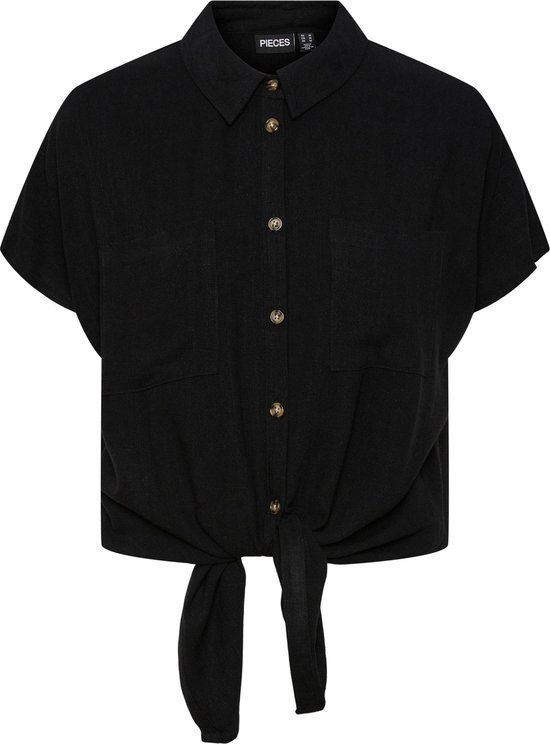 PIECES Blouse Pcvinsty Ss Linen Tie Shirt Noos - Black - XS
