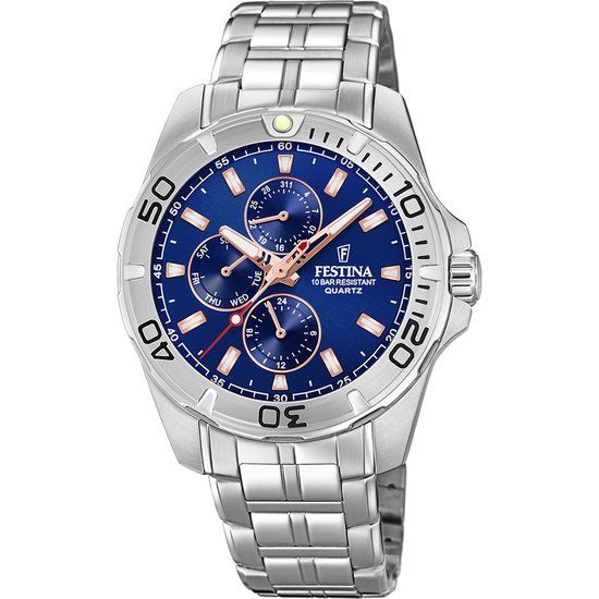 Festina F20445/5 Heren Horloge - Zilverkleurig - Blauw - Staal - 43 mm