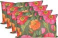 Anna's Collection Coussin pour intérieur et extérieur - 4x - fleurs coquelicots - vert/rose - 30 x 50 cm - coussins de jardin