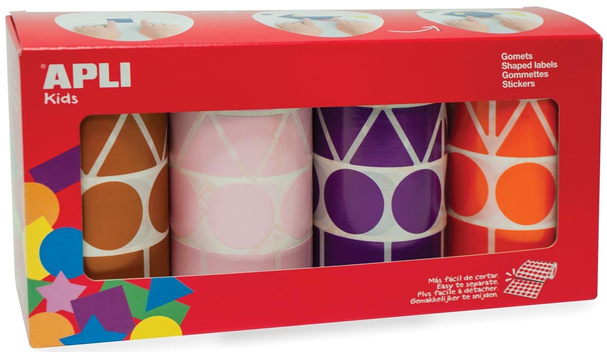 Apli Kids stickers XL doos met 4 rollen in 4 kleuren en 4 vormen