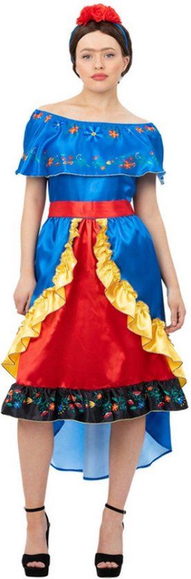 Smiffy's - Mexicaanse Artistieke Frida Kostuum - Vrouw - Blauw/Rood - Maat M