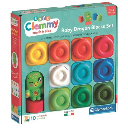 Clementoni Soft Clemmy 17604 Baby Dragon Blocks set, 10 zachte bouwstenen voor kinderen vanaf 6 maanden, fantasy-figuur, wasbaar en niet giftig, sensorische ontwikkeling en handmatigheid, Made in