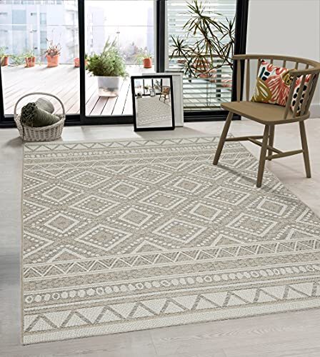 the carpet Calgary - Robuust outdoor tapijt, modern design, weerbestendig en uv-bestendig, voor balkon, terras en serre, ook geschikt voor keuken of eetkamer, beige-ruit, 160 x 220 cm