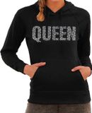 Bellatio Decorations Glitter Queen hoodie zwart met steentjes/ rhinestones voor dames - Glitter kleding/ foute party outfit - Truien met capuchon S