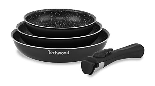 Techwood Techwood TSA-6422P pannenset, 3 pannen / 4-delig, bestaande uit: -3 pannen met de afmetingen 20 cm diameter - 24 cm diameter - 28 cm diameter - 1 afneembare steel