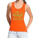 Bellatio Decorations Shoppartners Bv Oranje Koningsdag Queen tanktop shirt/ singlet met gouden glitters dames - Oranje Koningsdag kleding M