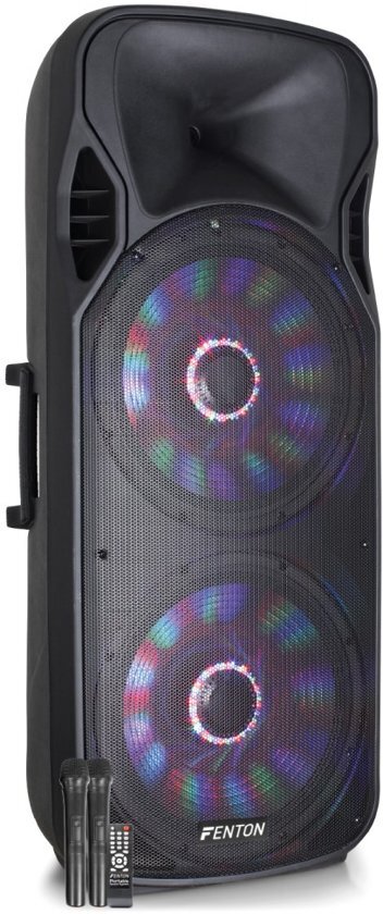 - Fenton FT215LED mobiele speaker met dubbele 15" woofer, draadloze microfoon en LED lichteffecten