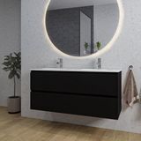 Saniclass Chaci Badkamermeubelset - 120x46x55cm - keramische wastafel wit - 2 ovale wasbakken - 2 kraangaten - 2 lades - ronde spiegel met verlichting - mat zwart