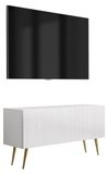 3xE living meuble TV avec façade nervurée, blanc mat, pieds inclinés dorés