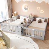 Rolipo Houten bed, 90 x 200 cm, met lade en dubbel etagerek, kinderbed met veiligheidsspijlen, hoge spijlen, grijs