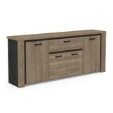 Demeyere Lage kast met veel houten opslag, industriële stijl, kleur Halifax eiken, mat, met zwarte metalen afwerking, 219 x 91 x 45 cm