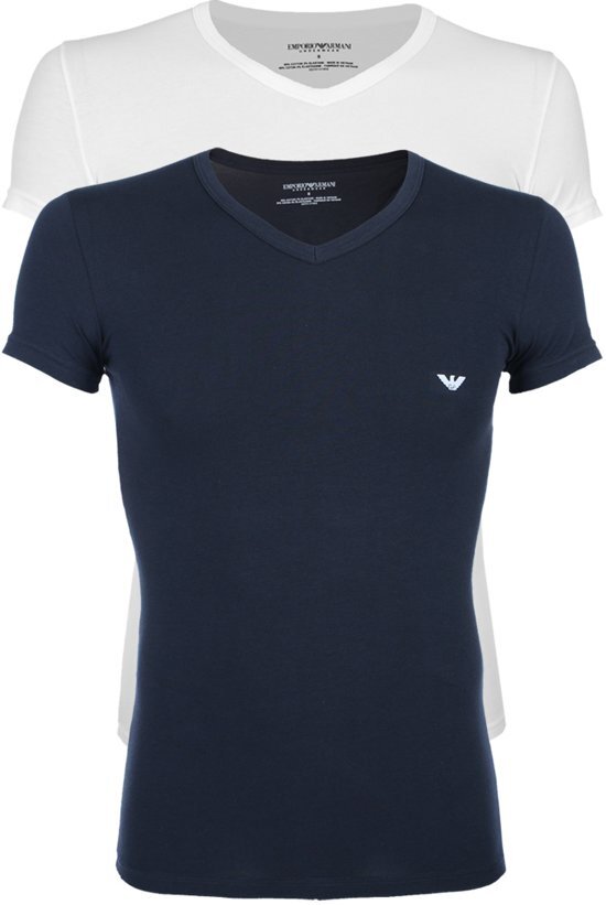 Emporio Armani - Basis 2-pack V-hals T-shirt Wit / Blauw - M