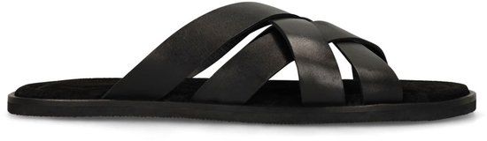 Manfield - Heren - Zwarte leren gevlochten slippers - Maat 46