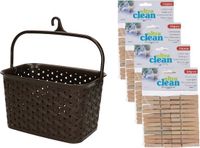 Merkloos / Sans marque Plastic Forte Wasknijpersmandje met ophanghaak - bruin - en 96x houten wasknijpers 7 cm - was ophangen