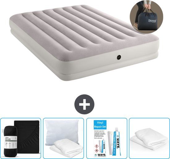Intex Luchtbed 2-Persoons - 152 x 203 x 30 cm - Grijs - Inclusief pomp + Accessoires (5-delig)