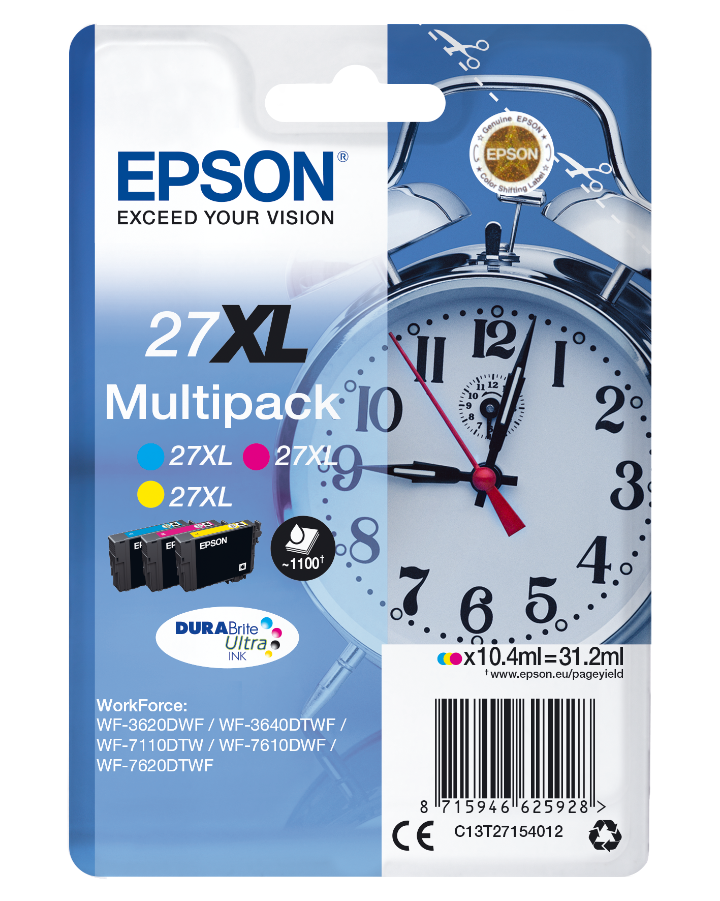 Epson Alarm clock Multipack 3-colour 27XL DURABrite Ultra Ink single pack / cyaan, geel, magenta