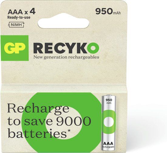 GP ReCyko Rechargeable AAA batterijen - Oplaadbare batterijen AAA (950mAh) - 4 stuks