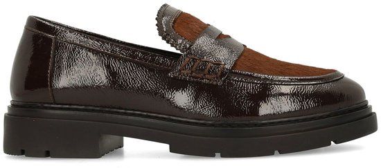 Manfield - Dames - Bruine lakleren loafers met pony hair - Maat 41