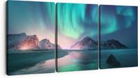Artaza Canvas Schilderij Drieluik Groene Noorderlicht in Noorwegen - 180x80cm