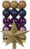 Kaemingk B.V. Boules de Noël 30x pc - or/bleu/violet- 6 cm - avec étoile topper or - plastique