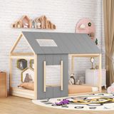 Ropilly Kinderbed 90x200 cm, huisbed met dak en raam, grenenhout en MDF, natuurlijke grijstint