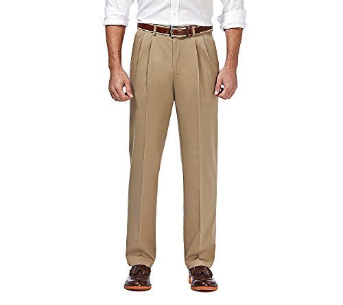 Haggar B&T Men's Premium No-Wrinkle Pants, Classic Fit, Flat Front, Expandable Waist, Khaki Casual Pants, Sand, 44W / 32L