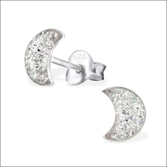 Aramat jewels ® - 925 Sterling Zilveren Oorstekers Maan Glitter Wit - Vrouwen - Emaille - 2 mm - 5 g