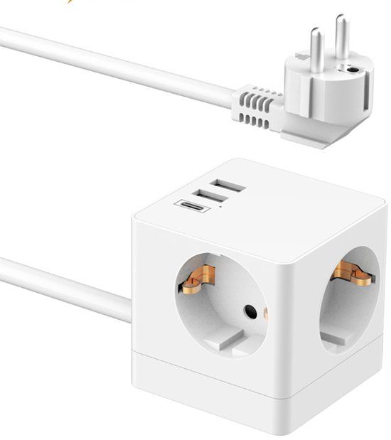 Accezz Stekkerdoos met USB A en USB C Poorten - 3 Stopcontacten - 1,8 meter Verlengsnoer - 4000W Snellader - Verdeelstekker - Wit