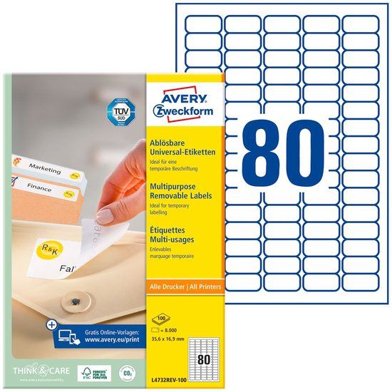Avery-Zweckform L4732REV-100 Universele etiketten 35.6 x 16.9 mm Papier Wit 8000 stuk(s)