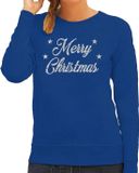 Bellatio Decorations Shoppartners Bv Kersttrui voor dames - blauw - Merry Christmas - in zilveren glitter letters - kerstdiner kleding - lange mouwen XL