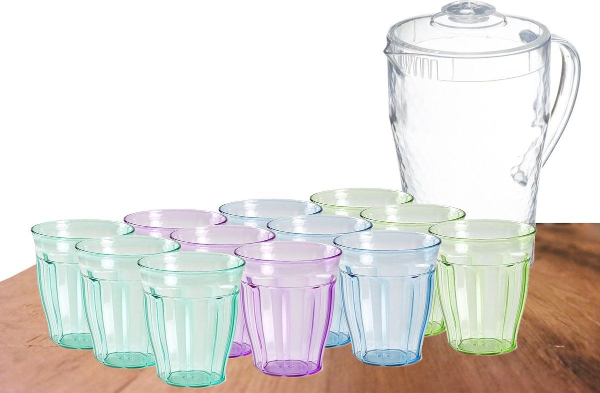 Forte Plastics Waterglazen 250 ML en Karaf 2 Liter - Multi-color - Kunststof