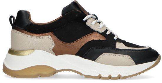 Manfield - Dames - Zwarte leren lage sneakers - Maat 38