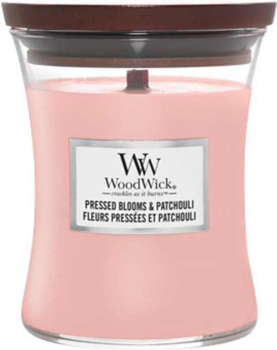 WoodWick Hourglass Medium Geurkaars - Pressed Blooms & Patchouli - 60 uur - Roze