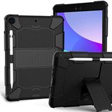 Case voor iPad 10.2 Inch 9e/8e/7e generatie 2021/2020/2019 met Drie-in-één ontwerp, schokbestendig Robuuste case met potloodhouder en standaard - Zwart+Zwart