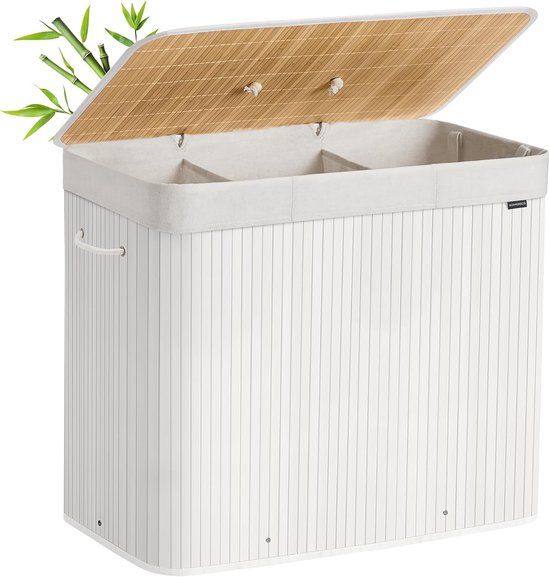 FEANDREA - Wasmand met deksel - 3 compartimenten - 170 liter - 70 x 40 x 61 cm - bamboe - met handgrepen - wit