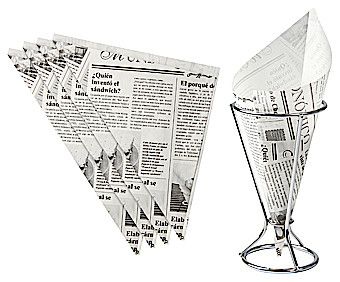 FACKELMANN Vingerfoodhouder met puntzakjes, friethouder inclusief 5 vetafstotende papieren zakken, snackstandaard met zakken in krantendesign (kleur: zilver, wit/zwart)