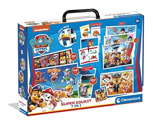 Clementoni - 18112 – Super Edukit 7-in-1 – Paw Patrol (3 puzzels van 30, 48 en 60 stuks, 6 dobbelstenen, een memo, een domino en 12 quiz-kaarten) – educatief spel voor 3 jaar – gemaakt in Italië
