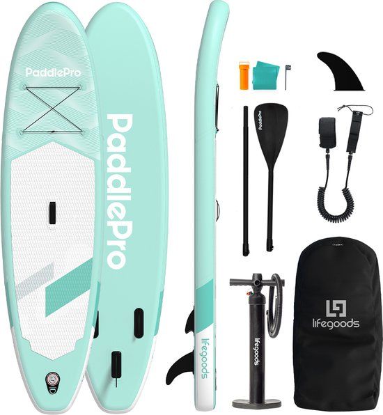 LifeGoods SUP Board Allround Compact - 100 KG Draagkracht - 300 x 76 cm - Opblaasbaar - Compleet SUP pakket - Mintgroen