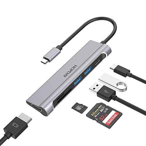 HOPDAY USB C Hub Multiport Adapter, 6 in 1 USB-C Hub met 4K HDMI,100W PD, SD/TF-kaartsleuven, USB 3.0 5 Gbps gegevenspoorten, voor MacBook Pro, MacBook Air, iPad Pro, DELL, XPS